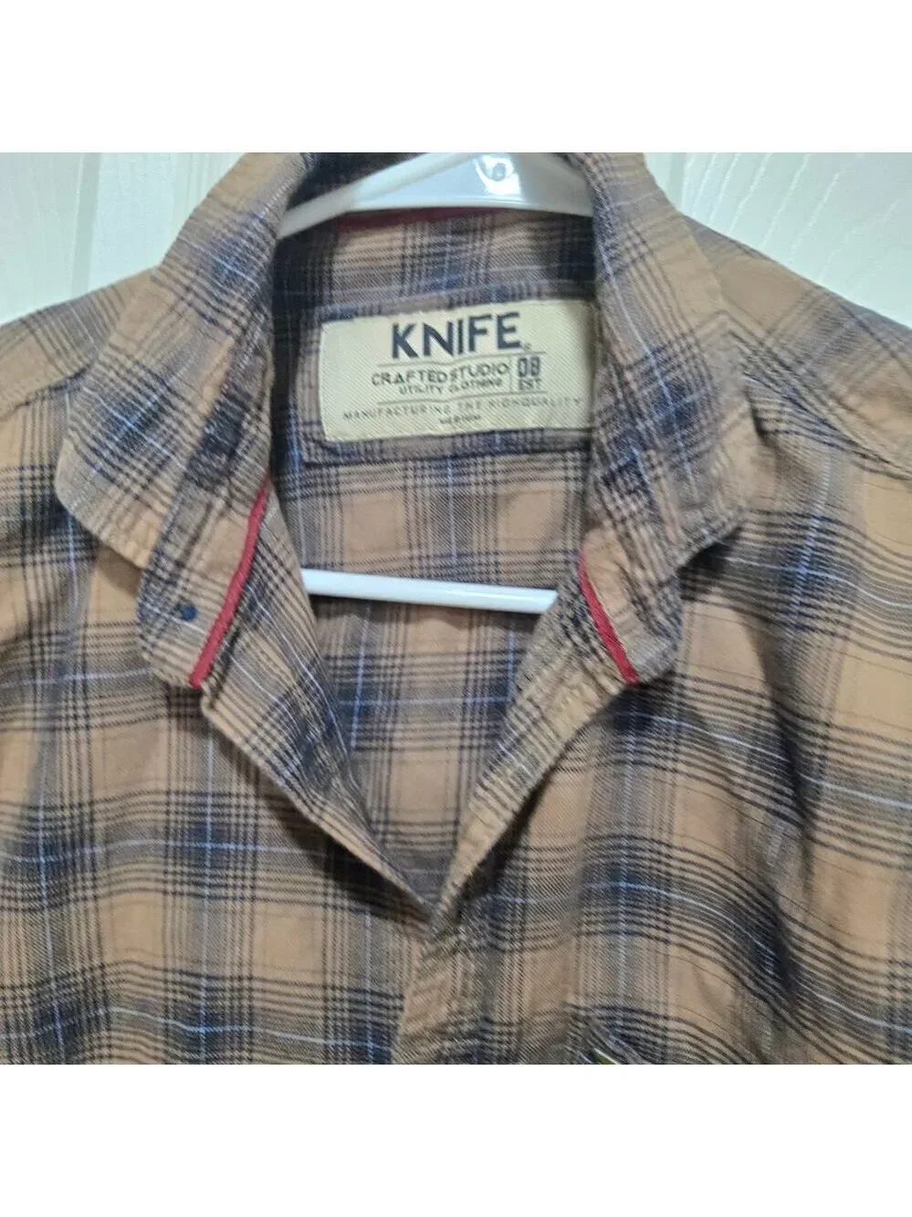 Knife Plaid Flannel Shirt Medium Brown Cotton Button Up